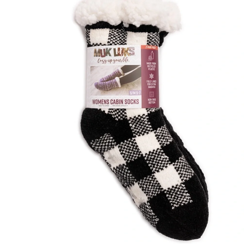 2pk Muk Luk‎ cream & gray chenille faux fur non slip mid-calf height socks L/XL